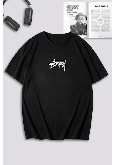 Unisex Kadın Erkek Grafitti Zar Baskılı Özel Tasarım Oversize T-shirt Siyah Mck0069 Siyah