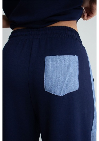 Ded Collectıon Kadın Kısa Kol Denim Görünümlü Şerit Detaylı Süs Cepli Modal Takım Lacivert