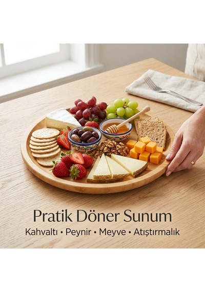 Bambu Dönerli Yuvarlak Sunum Tabağı 30 X 30 X 3,1 Cm, 360 Derece Dönen Servis Tepsisi, Kahvaltı, Peynir, Meyve Ve Atıştırmalık Sunumu İçin Çok Renkli