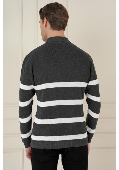 Efor Slim Fit Çizgili Fermuarlı Polo Yaka Antrasit Triko Kazak Tr 877 Antrasit