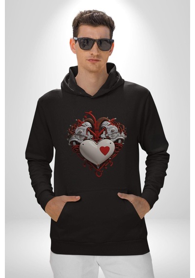 Robot Kalp Atardamar Kadın Erkek Siyah Kapüşonlu Sweatshirt Hoodie Siyah