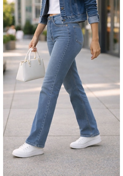 Cedy Denim Kadın Boru Paça Yüksek Bel Regular Fit Likralı Pantolon Açık Mavi