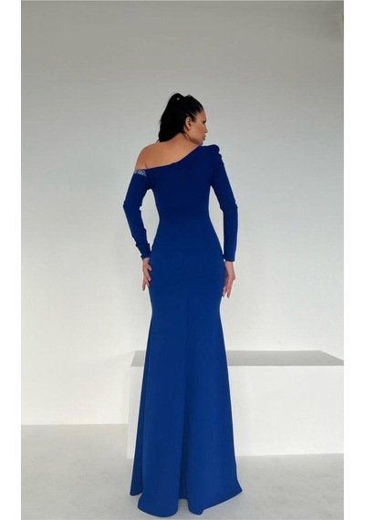 Lior Design Kadın Yeni Sezon Krep Kumaş Madonna Yaka Maxi Abiye Elbise Saks