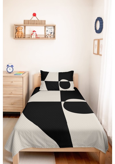 Siyah Geometrik Modern Tek Kişilik Pike Takımı - Beyaz Minimal 160x220 Cm Mevsimlik Yatak Örtüsü Ahenkli Güneş Tonu