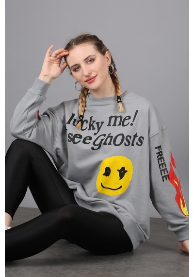 Madmext Mad Girls Füme Baskılı Oversize Sweatshirt Mg1207