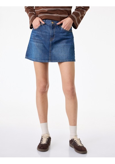 Koton Pamuklu Cepli Düğmeli Mini A Kesim Denim Etek Orta İndigo 6sal70025md