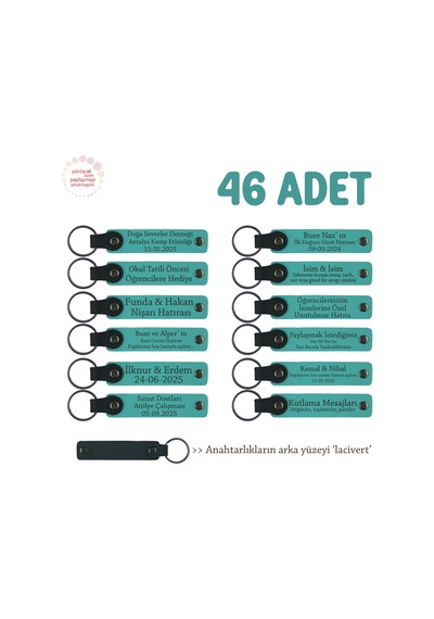Rehberlik Öğretmeninden Hediye 46'lı Set Kişiselleştirilebilir Deri Anahtarlık, Koyu Turkuaz & Laci