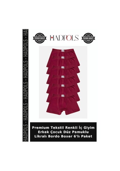 Hadpols Premium Tekstil Renkli İç Giyim Erkek Çocuk Düz Pamuklu Likralı Bordo Boxer 6'lı Paket