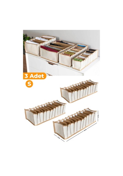 Serstil 3 Adet - 11 Gözlü Çekmece Içi Bej Çizgili Düzenleyici Organizer - Small - 11 X 41 X 12 Cm Bej-s