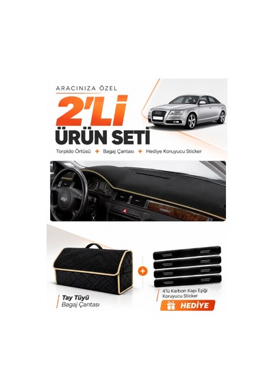 Audı A6 1997-2004 Uyumlu Torpido Örtüsü + Tay Tüyü Bagaj Çantası + Sticker Seti - Siyah Bej