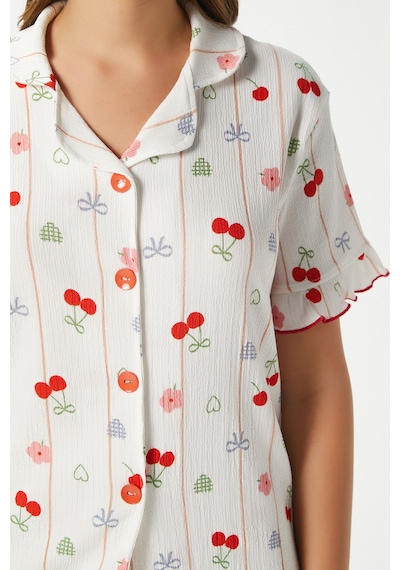 Ritnice Kadın Enda Fırfırlı Kurdela Desen Alt Üst Pijama Takımı