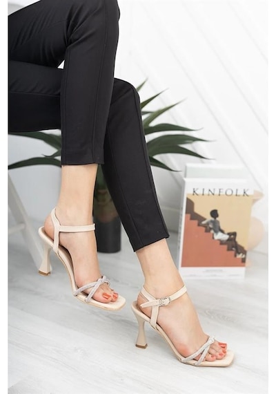Kadın Taşlı Krem Dress Topuklu Ayakkabı Stiletto Krem