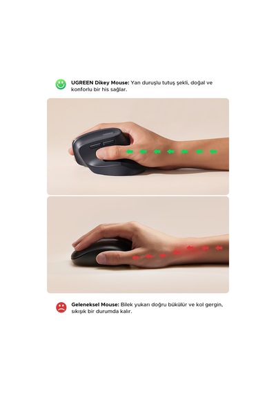 Ugreen Dikey Ergonomik Fare Kablosuz Bt 5.0+2.4g 5 Düğmeli, 1000/1600/2000/4000 Dpı Mouse, Siyah, 55916 -