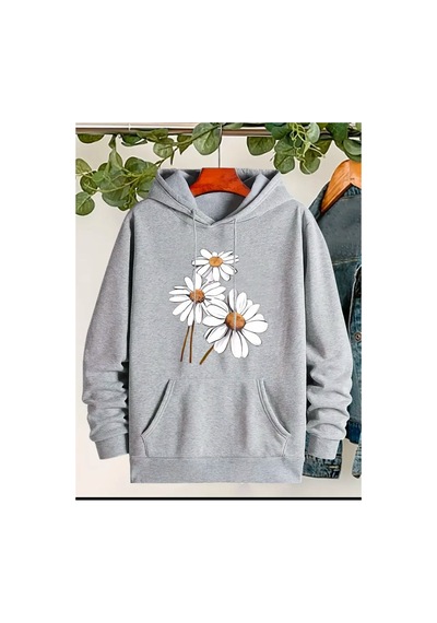 Medinenur Papatya Baskılı Kapüşonlu Sweatshirt Gri
