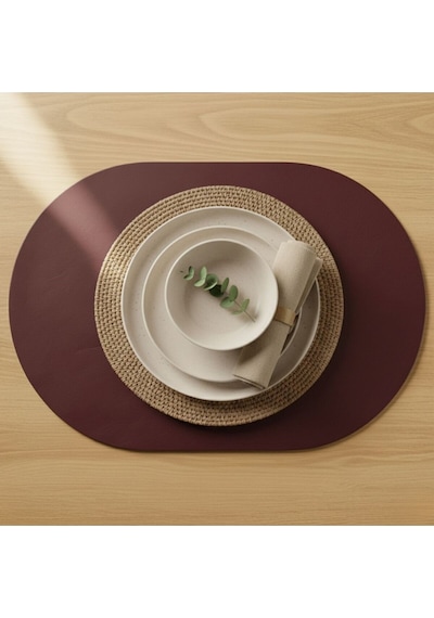 2 Adet Bordo Deri Amerikan Servis Tam Oval 33x44 Cm