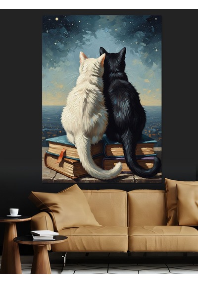 Ahşap Tablo Kitaplar Üzerinde Oturan İki Kedi