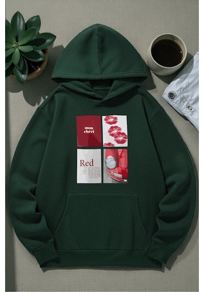 Uyguntarz Unisex Red Mon Cheri Baskılı Kapüşonlu Sweatshirt Yeşil