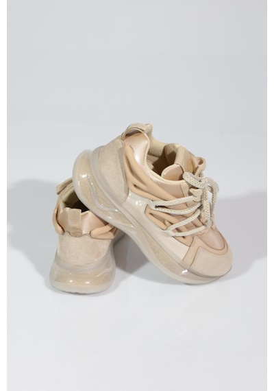 Dgn B1014 Kadin Kalin Taban Bağcikli Sneakers Ayakkabi Bej