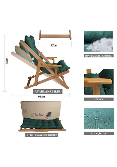 Reyo Bysay Puf Minderli Ahşap Kademeli Şezlong Bahçe&balkon&teras&plaj Katlanır Şezlong Naturel Haki Yeşil