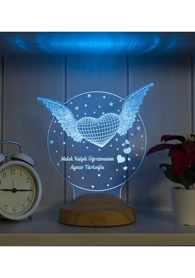 Hediye Öğretmenler Günü Hediyesi Öğretmen Hediyesi Kanatlı Kalp Kişiye Özel Led Lamba