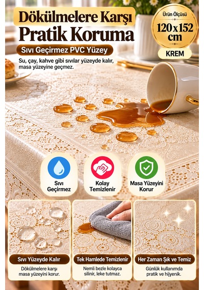 Krem 120x152 Cm Dantel Görünümlü Pvc Masa Örtüsü Sıvı Geçirmez Silinebilir Mutfak Masa Örtüsü Lüks