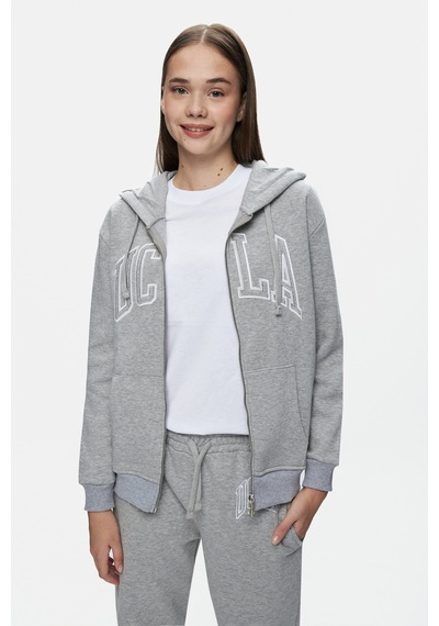 Ucla Joyce Gri Kapüşonlu Ve Fermuarlı Aplikeli Standard Fit Kadın Sweatshirt Gri