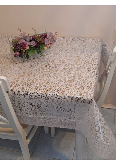 Dantel Kenarlı 120x150 Cm Pvc Muşamba Silinebilir Örümcek Ağı Desenli Masa Örtüsü Beyaz