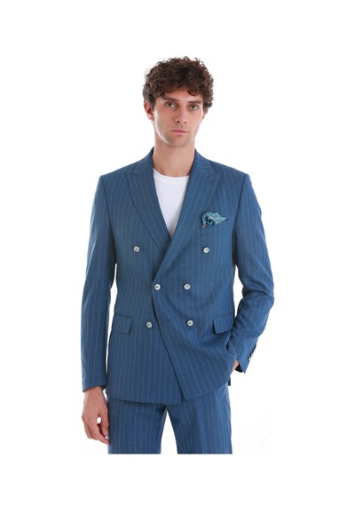 Hatemoğlu Mavi Slim Fit Çizgili Kruvaze Takım Elbise 33223024c014 65 Mavi