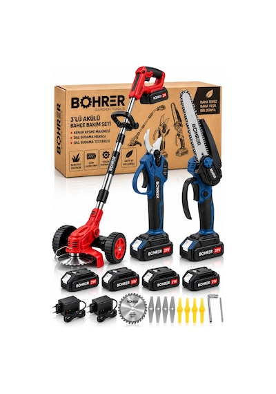 Böhrer Ba0115408 3 Lü Akülü Bahçe Bakım Seti Kenar Kesme Makinesi, Dal Budama Makası Ve Zincirli Dal Budama Testeresi 4 Akü 2 Şarj