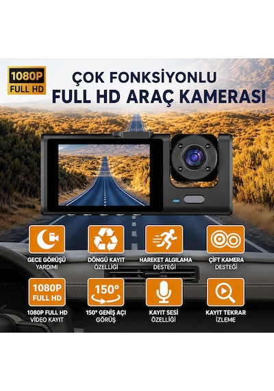 Bagajon C309 3 Kameralı Araç İçi Kamera Full Hd 1080p Ön İç Arka Kamera Gece Görüşlü 150 Geniş Açı G-sensör Döngü Kayıt Dash Cam