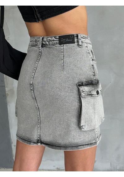 Zeo Basic Kargo Cep Detaylı Grey Ice Wash Mini Denim Etek Gri