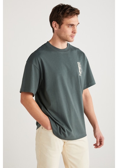 Grimelange Antonıo Erkek Baskı Detaylı %100 Organik Pamuk Örme Oversize Yeşil T-shirt