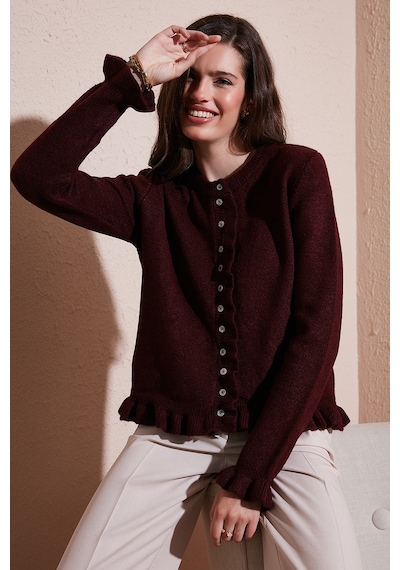 Lela Premium Pile Detaylı Regular Fit Yuvarlak Yaka Triko Bayan Hırka 680Hi00038 Bordo