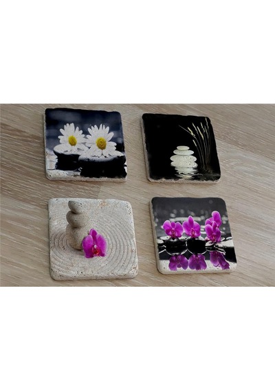 Spa Taşları Papatya Ve Orkide Doğal Taş Bardak Altlığı 4'lü Set - Natural Stone Coasters - Taş Çok Renkli
