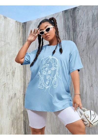 Hırsch Kadın Bebe Mavisi Oversize Bisiklet Yaka Yüz Baskılı T-shirt Bebe Mavisi Hırsch Kadın Bebe Mavisi Oversize Bisiklet Yaka Yüz Baskılı T-shirt Bebe Mavisi