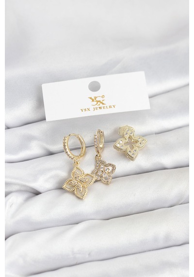 Pirinç Gold Renk Yonca Model Ysx Trio Küpe Seti