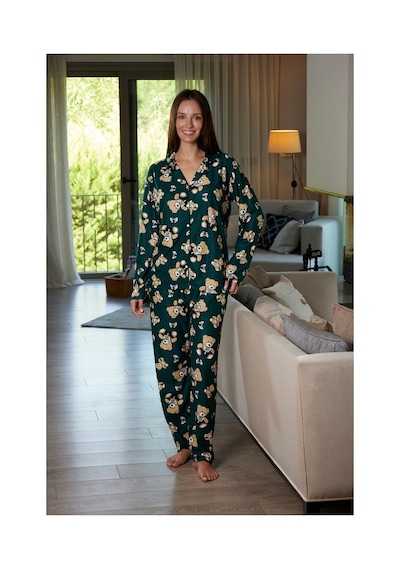 Estiva Kadın Ayıcık Desenli Önden Düğmeli Süet Pijama Takımı Yeşil