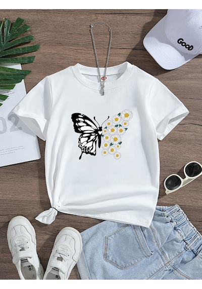 Uyguntarz Çocuk Papatya Kelebek Baskılı Unisex Pamuklu Tshirt Beyaz