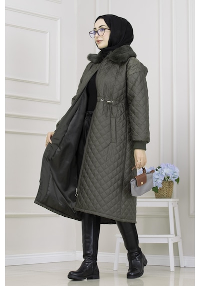 Yakası Kürklü Capitone Mont-haki-5562 Haki