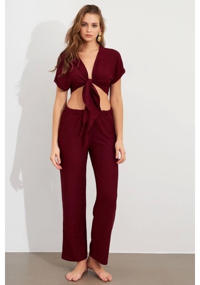 Defymoda Kadın Bürümcük Kumaş Pantolonlu Takım Bordo
