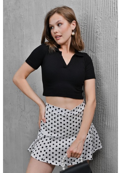 Park Karon Kadın Siyah Polo Yaka Basic Crop Body Siyah