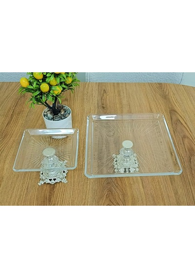 Elta Collection Paşabahçe Gümüş 2 Li Kare Döküm Ayaklı Pasta Sunumluk Kurabiyelik Gümüş