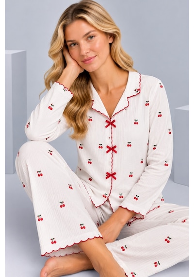 Pijamask Kadın Desenli Fiyonk Detaylı Düğmeli Uzun Kollu Müslin Pijama Takımı Beyaz