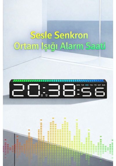 Monozone Dijital Led Masa Saati Ses Ritim Sensörlü Rgb Işıklı Alarm Saat Müzikle Senkron Dekoratif Gece Lambası Siyah