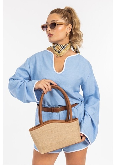 Lovelystore Kadın Hasır El Omuz Çantası Yazlık Çanta Plaj Çantası Fermuarlı Astarlı 24x38 Krem