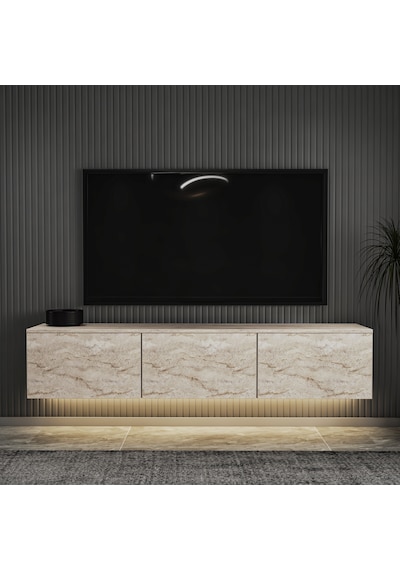 Neon Led Işıklı Duvara Monte,3 Kapaklı Tv Ünitesi,tv Sehpası Sandık Ceviz - Bej Bej