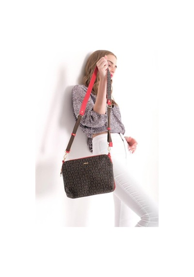 Just Polo Kadın Monogram Baskılı Just & Polo 5 Bölmeli Omuz Çantası Kahverengi - Kırmızı