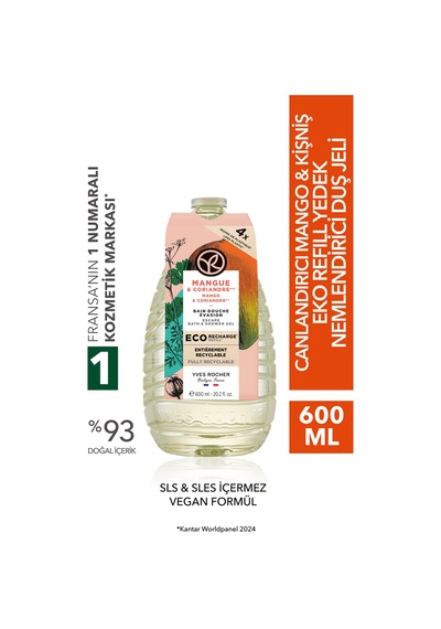 Yves Rocher Eko Refill Yedek Duş Jeli-nemlendirici Canlandırıcı Mango Kişniş-sls,sles İçermez,vegan-600ml Diğer