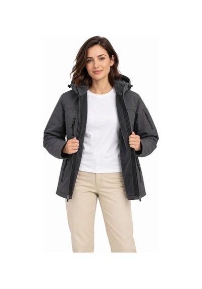 Butik İstanbul Su Geçirmez Softshell İçi Polar Astarlı Çıkarılabilir Kapüşonlu 4 Cepli Mont Ceket - Füme