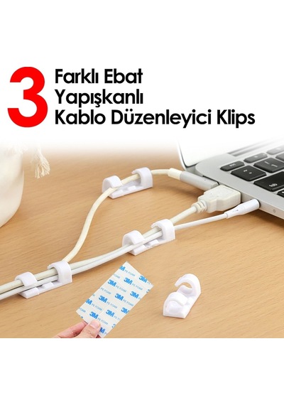 Kablo Düzenleyici Kablo Klipsi Yapışkan Bantlı 3 Farklı Ebat (525855977)